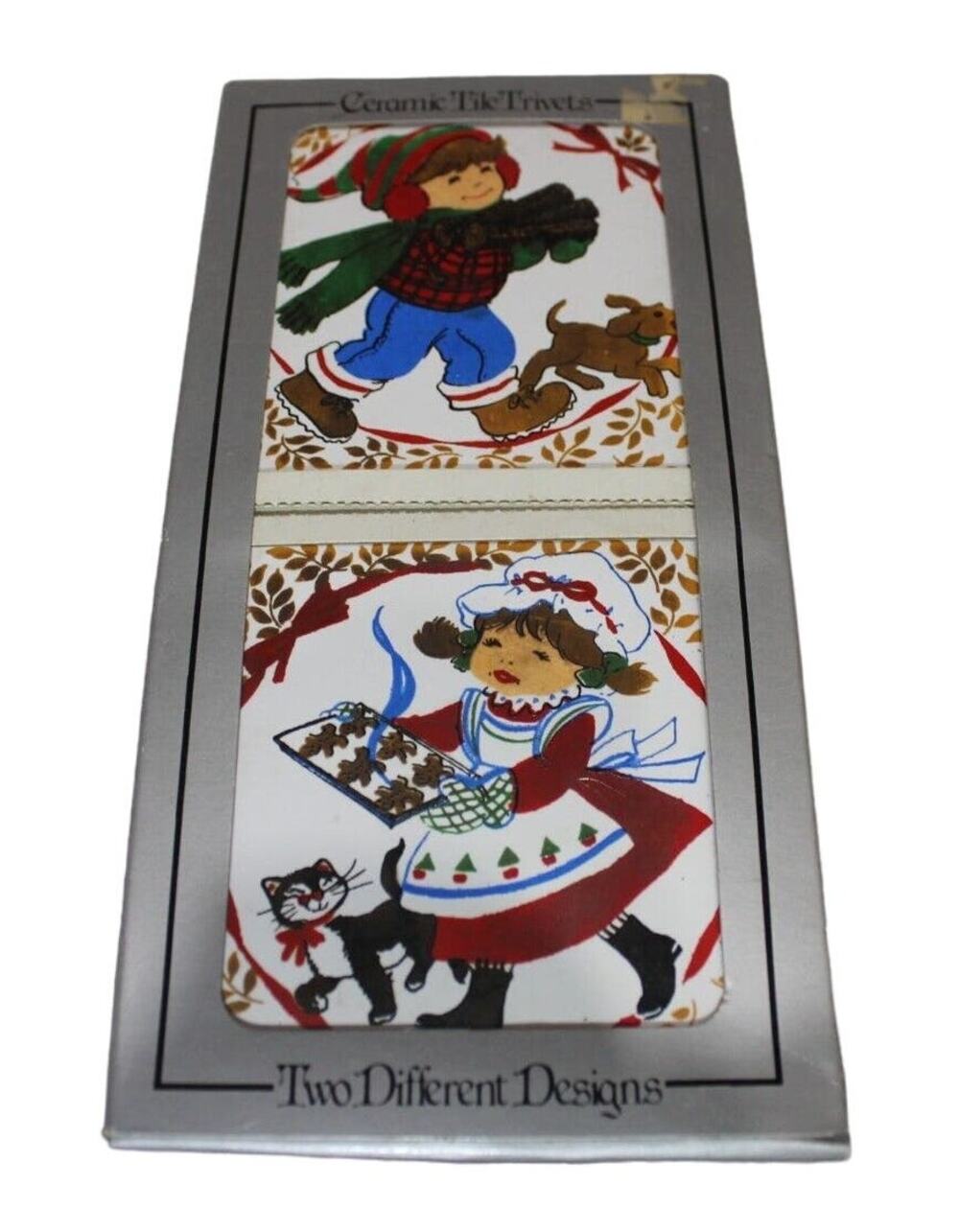 Jasco Ceramic Tile set of 2 Trivets "Christmas Holiday" Girl & Boy w/pet VINTAGE